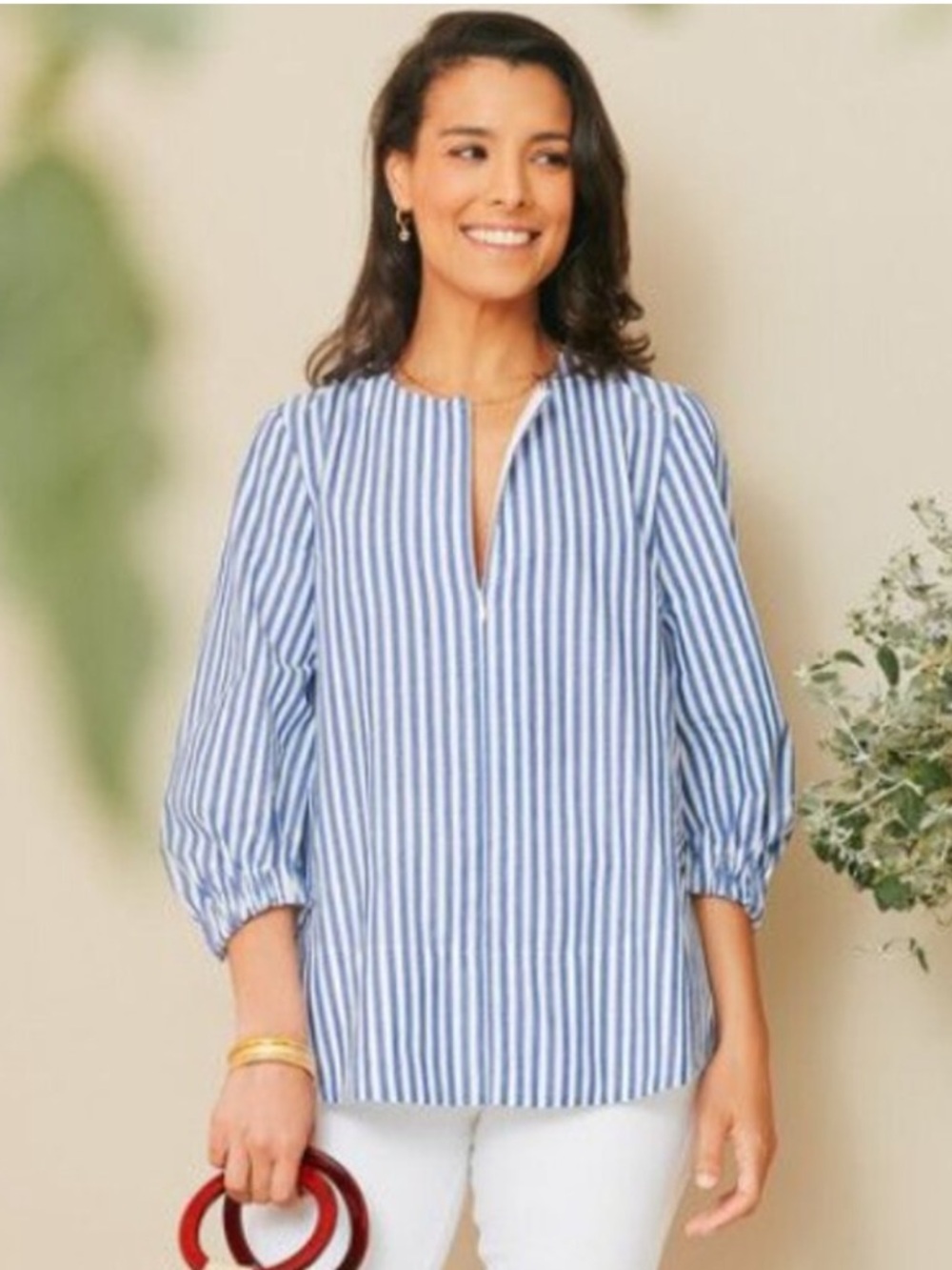 Pomander Place Tuckernuck Blue White Stripe 3/4 Sleeve V Neck Zip Kieran Top XS